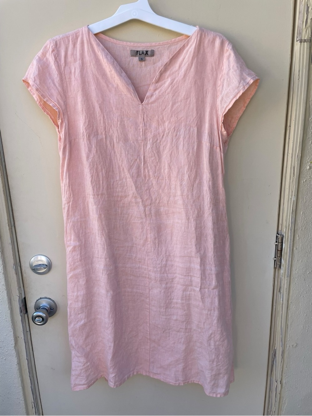 Flax Pale Peach Linen V-Neck Shift Dress Sz Small